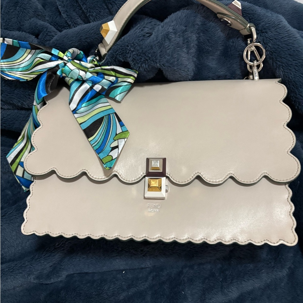 FENDI Kan Elegant Cream Handbag w/Silver Chain. Top handle & shoulder strap.